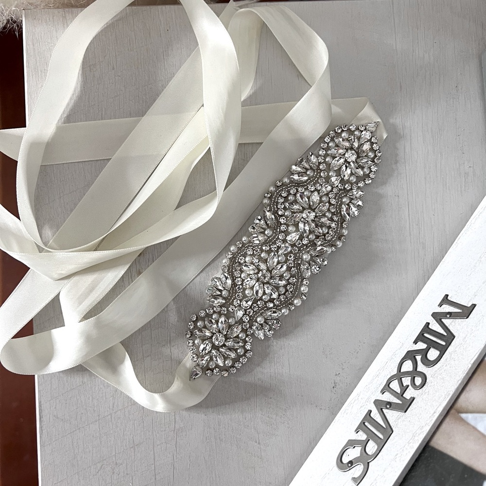 Wedding dress crystal belt with pearl accents and ivory sash/ribbon